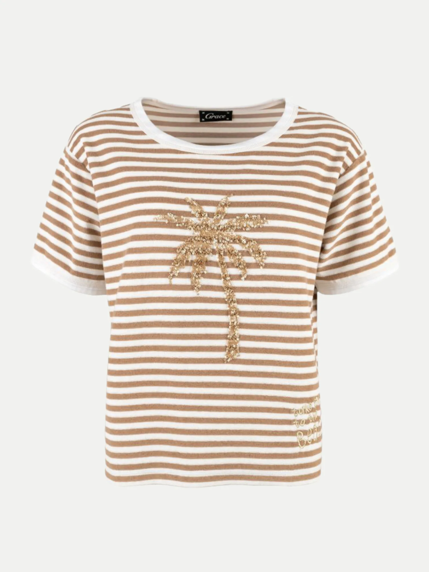 Gestreiftes Frotteeshirt Beige S - Grace - FashionsVida