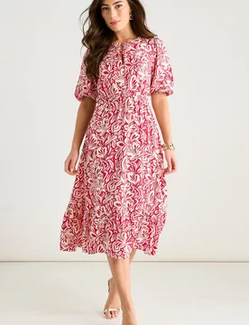 Women's Red Paisly Print Elasticated Waist Midi Dress Size: 14 - Red - Size: 14 - Gini London - FashionsVida
