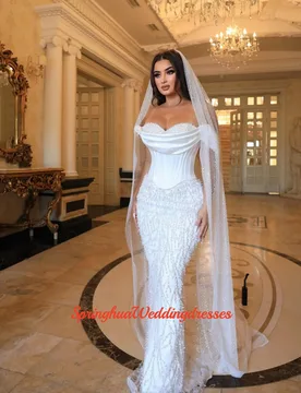 Customized White Gorgeous Pearls Mermaid WeddingDress Off The Shoulder vestidos de noche Floor-length Evening Dresses Vestido - Aliexpress - FashionsVida