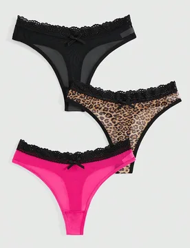 Set de 3 pantis de mujer con estampado de leopardo, aplicaciones de encaje de malla y acabado contrastado, estilo Gyaru Shibuya - Shein - FashionsVida