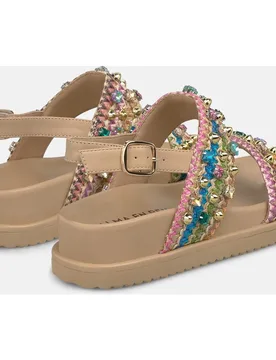 Sandalias planas de mujer en rafia con doble tira con abalorios y cierre de hebilla - Alma en Pena - FashionsVida