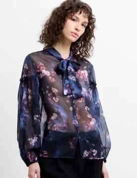 Floral Tie Neck Button Through Shirt Navy Mix female - French connection - FashionsVida