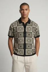 Herren Locker Geschnittenes Häkelgobelin-Strickhemd Black Größe Small