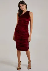 Women's Velvet Ruched One Shoulder Midi Dress in Wine Size: 8 - Wine - Size: 8