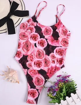 Women's Rose Print One-Piece Swimsuit - Thin Straps Slim Fit, Sexy Romantic Floral Bathing Suit for Summer Beach Pool Swimwear - Aliexpress - FashionsVida