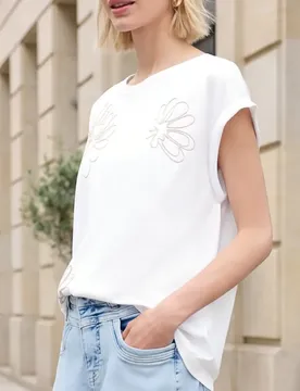 Street One Shirt mit Rundhals und Blumen-Embroidery female Weiß