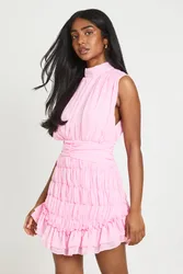Womens Textured Chiffon High Neck Drop Hem Mini Dress - Pink - Size 16 Uk