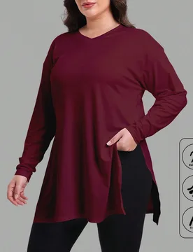 Camiseta de cuello en V talla grande - Parte superior holgada de ropa deportiva para mujer, camisa casual de manga larga para deportes de primavera - Shein - FashionsVida