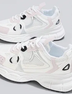 Par de zapatillas deportivas casuales con suela gruesa, transpirables, en patchwork de blanco, gris y negro con malla - Shein - FashionsVida