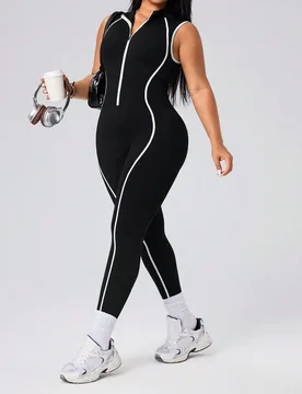 Pieza Mono sin mangas de talla grande con línea de contraste negra, mono de yoga y entrenamiento con media cremallera, cintura alta y levantamiento d - Shein - FashionsVida