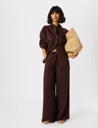 Pure Linen Drawstring Wide Leg Trousers Brown female