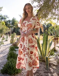 Tropical Button Through Midi Dress - L / ORANGE PATTERN - female