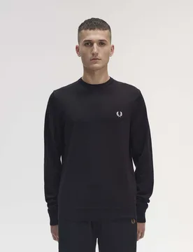 Maglia girocollo nera in misto lana merino e cotone con logo bianco - Fred perry - FashionsVida
