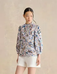 Pure Cotton Paisley High Neck Blouse White Mix female