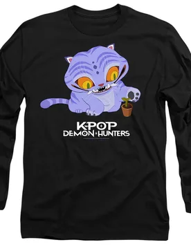 Unisex Adult Cute Derpy Tiger Long-Sleeved T-Shirt (Black) - Size Large - K-Pop Demon Hunters - FashionsVida