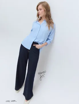 Pantalón denim de mujer palazzo con tiro alto y costuras desplazadas - Easy Wear - FashionsVida