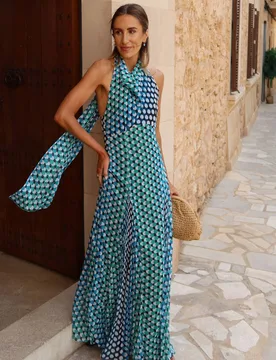 Women's Polka Dot Drama Halter Pleat Insert Woven Maxi Dress in Green Size: 14 - Green - Size: 14 - Karen millen - FashionsVida