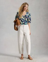 Pure Linen Printed V-Neck Top Navy Mix female