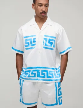 Men's Oversized Short Sleeve Abstract Boarder Print Satin Shirt & Short Set Blue Size X-Small Blue XS - boohooMAN - FashionsVida
