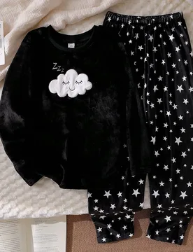Pijama para niñas, ropa de estar por casa elegante y casual, conjunto de top de manga larga y pantalones, bordado de nube y sonrisa, estampado de cie - Shein - FashionsVida