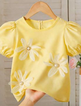 Blusa casual de cuello redondo y manga abullonada con decoración floral para niña