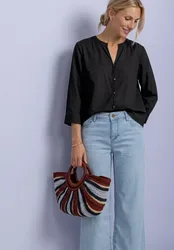 Arm Bluse mit Split Neck female Schwarz