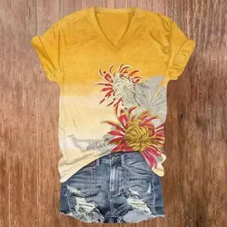 Art Flower Print Short Sleeved V-neck T-shirt Summer Women's T Shirts