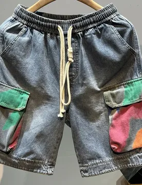 Summer trendy brand printed denim shorts loose five-point pants ruffian handsome drawstring overalls - Aliexpress - FashionsVida
