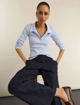 Pure Cotton Ribbed Collared Top Blue female - Baukjen - FashionsVida