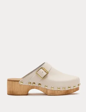 Leather Studded Buckle Block Heel Clogs Soft White female - M&S - FashionsVida