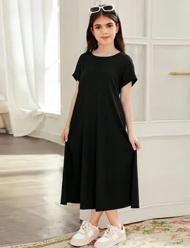Vestido casual de punto de unicolor con cuello redondo para niña preadolescente - Shein - FashionsVida