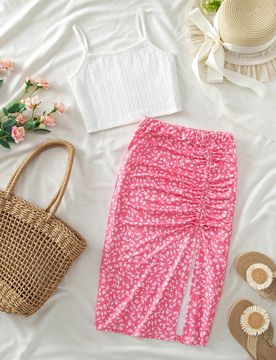 Conjunto de 2 piezas con estampado floral para niñas, top de tirantes y falda plisada, para verano