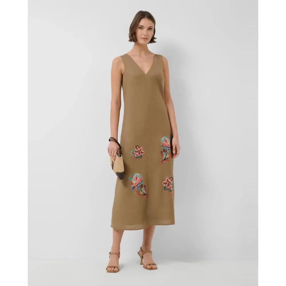 Vestido sin mangas lino con bordado floral de mujer - Roberto Verino - FashionsVida