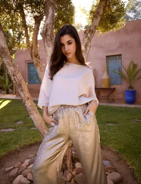 Shimmer Wide Leg Trousers - S/M / Champagne - female - Blue Vanilla - FashionsVida