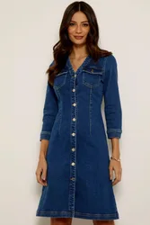 Womens Indigo V Neck Button Front Denim Dress - Blue Cotton - Size 6 Uk
