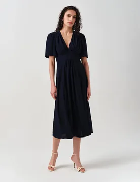 Crepe V-Neck Angel Sleeve Midi Tea Dress Navy female - GHOST - FashionsVida