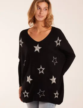 Diamante Pearl Star Jumper - Black - Size: S/M - Blue Vanilla - FashionsVida