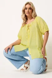 Women's Gingham Puff Sleeve Blouse in Yellow Size: 14 - Yellow - Size: 14