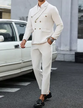 Pcs/Set Traje Formal de Hombre unicolor Doble Pechera Blazer & Pantalones, Regalos Para Novio, Trajes Formales Blancos Para Hombre, Ceremonia - Shein - FashionsVida