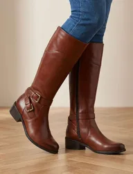 Leather Block Heel Knee High Boots Tan female