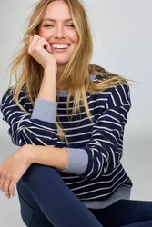 Women's Oversized Long Sleeve Stripe Crew Neck Sweater in Navy Size: Small - Navy - Size: S