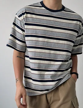 Camiseta de cuello redondo de manga corta a rayas multicolor para hombre, verano, vuelta al colegio - Shein - FashionsVida