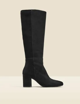 Suede Block Heel Knee High Boots Black female - Sosandar - FashionsVida