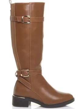 Women's Stretchy Elastic Zip Calf Biker Knee Boots in Tan Size: 8 - Tan - Size: 8 - Ajvani - FashionsVida