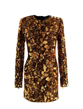 Gold and Black Sequin Long Sleeve Mini Dress - Balmain - FashionsVida