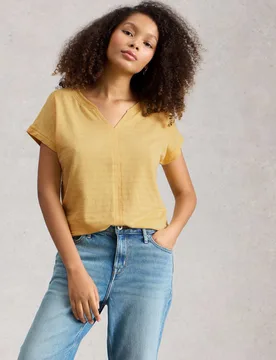 Pure Cotton Textured Notch Neck T-Shirt Yellow female - White stuff - FashionsVida