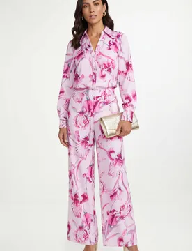 Floral Satin Wide Leg Trouser - Pink - Size: 10 - Wallis - FashionsVida