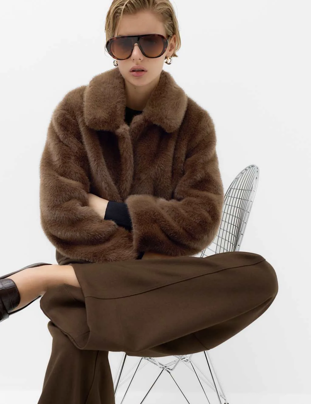 Faux Fur Collared Short Jacket Brown female - M&S - FashionsVida
