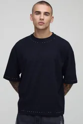 Herren Oversized Boxy T-Shirt mit Strass-Details Black Größe Medium