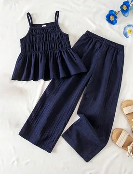 Conjunto de camiseta y pantalones de unicolor casual de vacaciones para niñas, estilo bohemio y suave, conjunto de 2 piezas en azul marino, atuendo d - Shein - FashionsVida